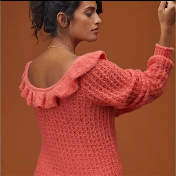 ANTHROPOLOGIE textured ruffle boat neckline off shoulder coral sweater Small - Picture 11 of 11
